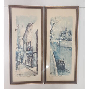 VTG Mid-Century 2 Reproduction D'Aquarelle Paris Prints Gold Frame Set 9x20